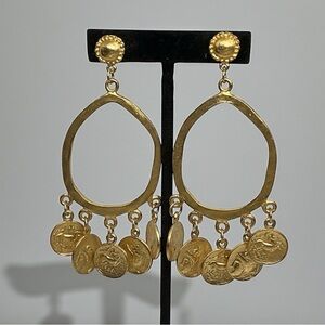 Susan Shaw Signed Gold Coin Hoop Dangle Post Earrings Roman Revival)
